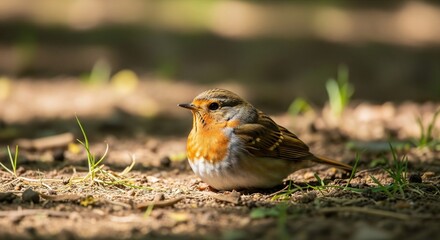 European robin bird perched on the ground among dry leaves and green grass in soft morning light