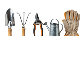specialized stainless steel gardening tools, including pruners and trowel, resting behind textured reclaimed pine wood on a transparent background, commercial product catalog aesthetic