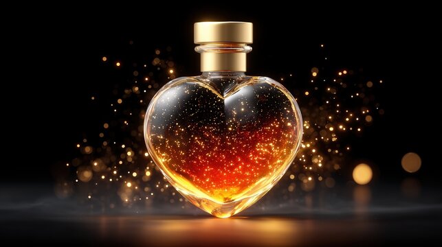 Heart Shaped Bottle with Golden Sparkle and Bokeh Lights