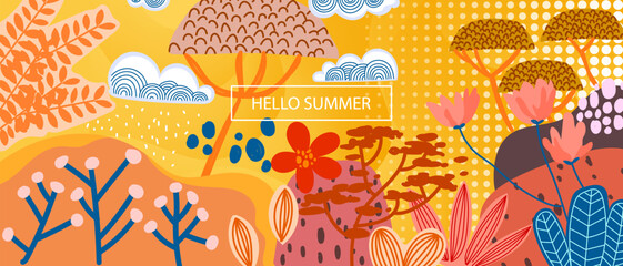 Colorful hello summer foliage with flowers and leaves tropical banner template greeting background. Fun and vibrant color natural design.