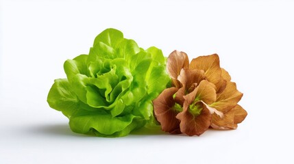 Fresh Crisp Green Lettuce Next to Wilted Brown Lettuce on a White Background, Highlighting Freshness and Decay in Produce