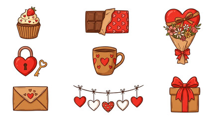 A collection of nine icons, each representing different elements associated with love and affection.