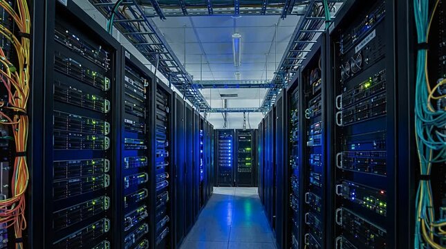 Inside a modern data center with blinking server racks and extensive network cabling for information transfer.