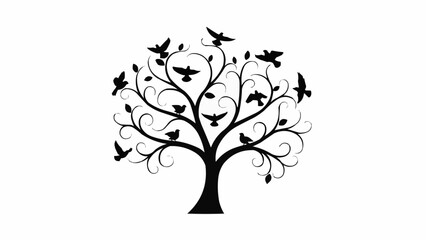 Obraz premium Silhouette of a stylized tree with birds flying and perched.