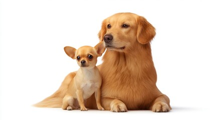 Adorable Golden Retriever and Tiny Chihuahua Sitting Together on White Background