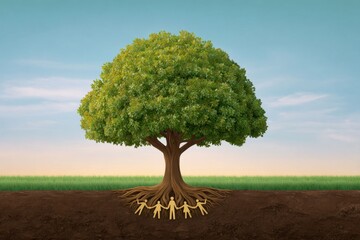 Large Tree with Roots Shaped Like People Holding Hands in a Beautiful Outdoor Setting