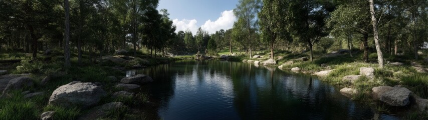 Obraz premium Panoramic hdr view of serene lake in nature landscape