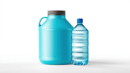 Large Reusable Water Container Beside Standard Bottled Water with Clean Design for Outdoor Activities and Eco-Friendly Use