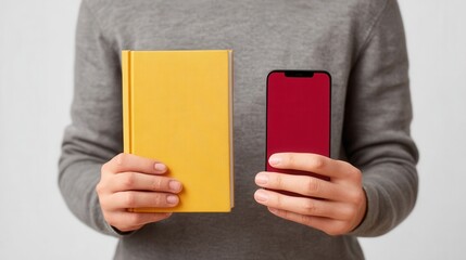Person Holding a Book and Smartphone Showing a Modern Lifestyle and the Blend of Traditional and Digital Media