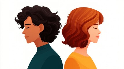 Portrait of Two Individuals with Distinctive Curly Hair and Side Profiles in a Minimalist Style