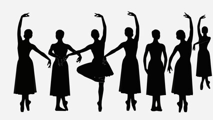Silhouettes of ballet dancers performing graceful poses on a white background. © Rifni