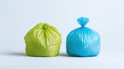 Biodegradable Trash Bags in Green and Blue on Light Background for Environmentally Friendly Waste Disposal Solutions