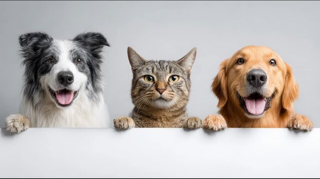 Friendly border collie, a curious tabby cat, and a happy golden retriever peeking over the edge of a blank white sign, looking directly at the camera with expressive faces