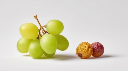 Fresh Green Grapes Next to Shriveled Grapes on a White Background Showcasing the Contrast of Freshness and Aging