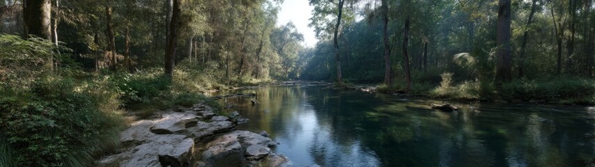 Panoramic hdr view of serene river in lush forest environment