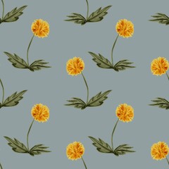 Seamless pattern of hand-drawn yellow wildflowers dandelions with green leaves on a white background. Botanical floral design in an artistic sketch style.