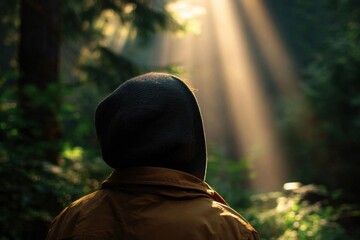 Serene Forest Scene with Person Bathed in Sunlight Rays Amongst Lush Greenery