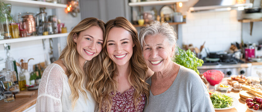 Three women of different ages smile joyfully in a bright kitchen filled with fresh ingredients and cooking items, showcasing a moment of family togetherness.