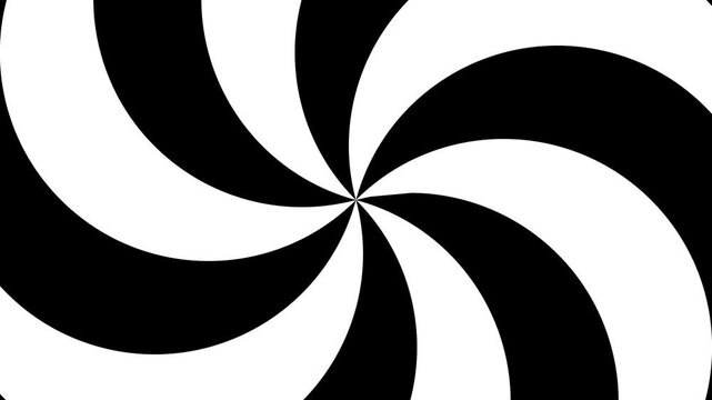4k seamless looping spiral slowly rotating curvy spiral, black and white vertical background with fluid optical illusion background set. Black and white striped pattern.