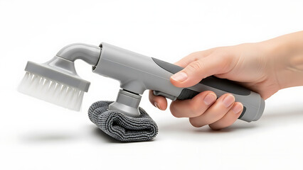 Close-up shot of a hand holding a cleaning brush with a scrub pad attachment on a white background