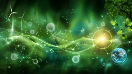 A green background with a green tree and a blue planet