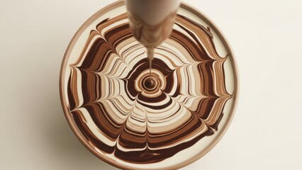 Detailed spider web pattern created by chocolate drizzling into white cream for elegant dessert topping