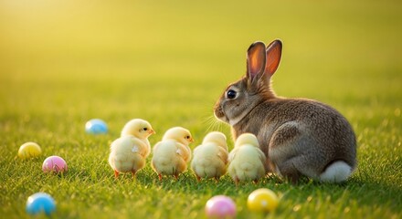 柔らかな金色の夕陽が優しく降り注ぐ広大な緑の芝生の上で愛くるしいウサギと小さなふわふわのひよこ達が彩り豊かで輝くイースターエッグに囲まれ互いを慈しむように見つめながら心ゆくまで春の訪れを喜ぶ微笑ましい情景. AI Generated