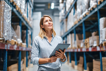 A woman in a warehouse holds a tablet, looking thoughtfully towards the shelves filled with products.