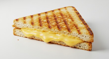 明るいスタジオ照明に照らされ食欲をそそる温かいチーズホットサンド 香ばしい焼き目のパンからとろりと溶け出す黄金色の濃厚チーズが魅力的な一枚. AI Generated