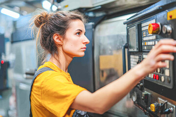 A focused woman operates a machine, showcasing her skills in a workshop environment with industrial equipment in the background.