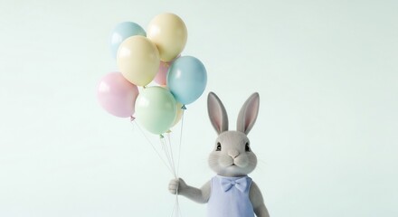 ふんわりと柔らかな光を浴びて輝くパステルカラーの風船を大切そうに抱える愛らしいウサギの置物 春の訪れを優しく告げるような穏やかで心和む瞬間が美しい. AI Generated