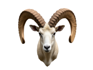 A goat with distinctive large horns posing on a white background, perfect for use in pet or wildlife illustrations, or as a symbol for strength and resilience