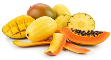 明るいスタジオ光に照らされ白い背景に鮮やかに映える南国フルーツの豊かな盛り合わせみずみずしいマンゴーパパイヤパイナップルが美しく輝き食欲を刺激する. AI Generated