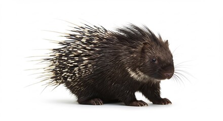 清潔な白い背景で鮮明に捉えられた警戒するヤマアラシの全身像黒い体から鋭い針が無数に伸び光を反射しその独特な存在感を強めています. AI Generated