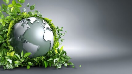 A globe is surrounded by green leaves and grass