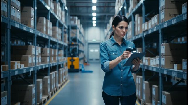 Warehouse inventory manager walking between rows of shelves. Scanning barcodes on cardboard boxes with a scanner and tablet. Optimizing logistics and fulfillment for online orders and retail checkout
