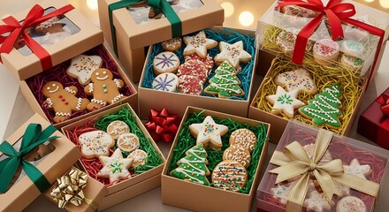 暖かな光が優しく照らす丁寧に飾られたクリスマスデザートクッキー可愛い箱に詰まった甘い贈り物. AI Generated