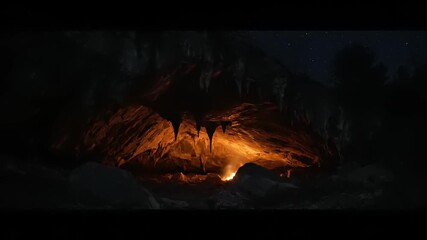 A dramatic video of a bat flying over a fiery landscape at night