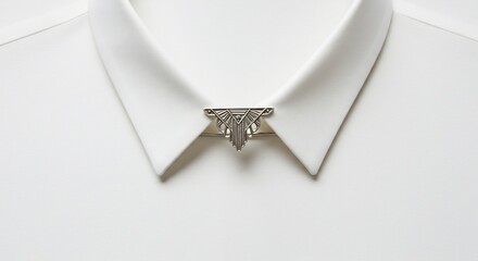 明るい背景に浮かぶ白いシャツの襟元できらめく精巧な幾何学模様のピンが洗練された魅力を放つ モダンで上品なスタイルを演出する印象的なアクセサリーとしてフォーマルやビジネスシーンに最適な品格あるアクセント. AI Generated