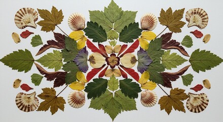 白背景に広がる鮮やかな自然素材の緻密なシンメトリーアート 明るい光が引き立てる繊細な押し葉と貝殻の絶妙な美しさ. AI Generated