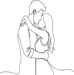 Romantic couple hugging line art drawing, minimal continuous sketch illustration of love, relationship intimacy, affection, togetherness, passion, emotional connection.