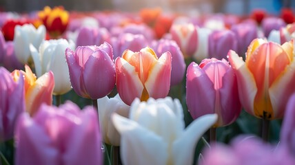 Field of Pink and White Tulips with Water Droplets and Soft Sunlight flower flowers