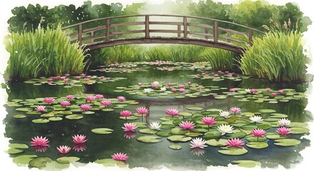 穏やかな陽光が水面を優しく照らす美しい水彩画 緑豊かな植物に囲まれた池には鮮やかなピンクと白の睡蓮が咲き乱れ優雅に湾曲した木製の橋が静かに架かる癒やしの風景. AI Generated