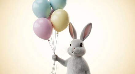 柔らかな光に包まれたふわふわうさぎがパステル風船を大事に抱え明るい未来へ歩み出す幻想的な世界. AI Generated