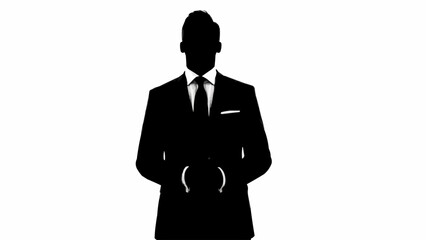 Silhouette of a businessman in a suit holding handcuffs.