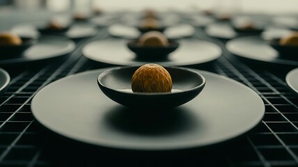 Detailed yellow pastry on a dark plate within a repeating grid of food presentations textured dessert