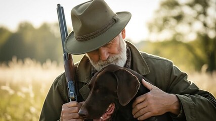 An experienced hunter shares a tender, heartfelt embrace with his loyal gundog in the warm glow of an outdoor setting, symbolizing their profound bond and companionship