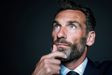 Thoughtful mature European business man executive touching chin looking up in studio portrait. Serious senior professional leader reflecting on future decisions and strategic responsibility