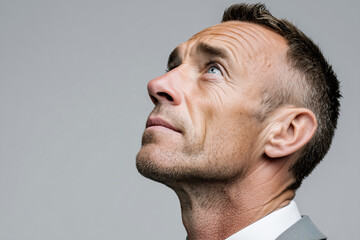 Obraz premium Mature European business man executive looking upward in close up side profile portrait. Serious professional male leader reflecting on future direction and strategic life decisions