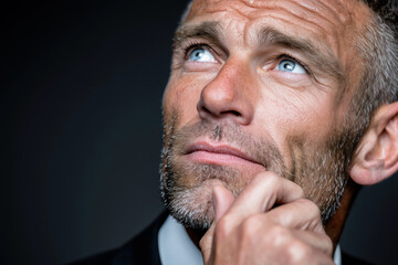 Serious mature European business man executive touching chin and looking up in close up portrait. Senior professional male leader reflecting on responsibility strategy and future choices